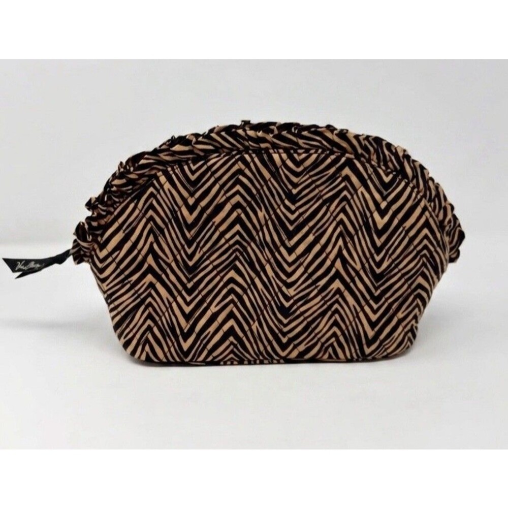 Retired Vera Bradley Zebra Cosmetic Bag Brown Black Quilted Ruffle Makeup Case